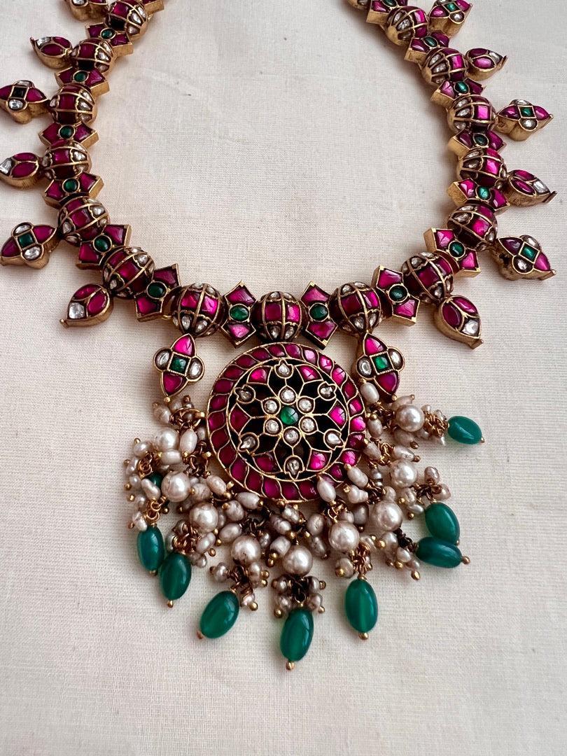 Gold polish kundan, ruby & emerald necklace with grean onyx & pearl beads-Silver Neckpiece-CI-House of Taamara
