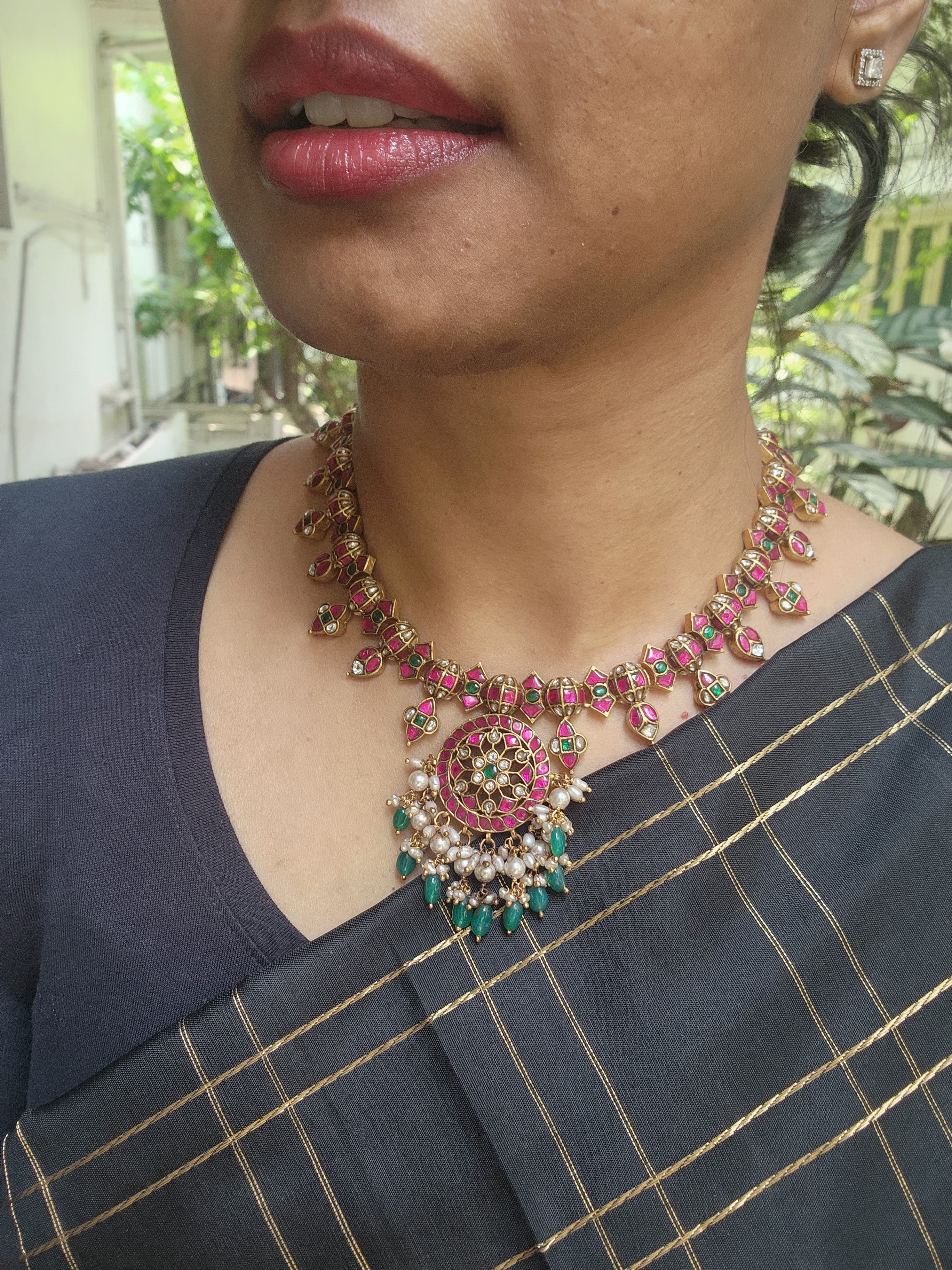 Gold polish kundan, ruby & emerald necklace with grean onyx & pearl beads-Silver Neckpiece-CI-House of Taamara