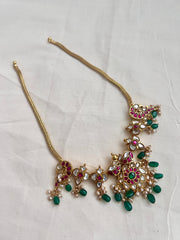 Gold polish kundan, ruby & emerald necklace with green onyx beads-Silver Neckpiece-CI-House of Taamara