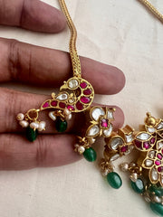 Gold polish kundan, ruby & emerald necklace with green onyx beads-Silver Neckpiece-CI-House of Taamara