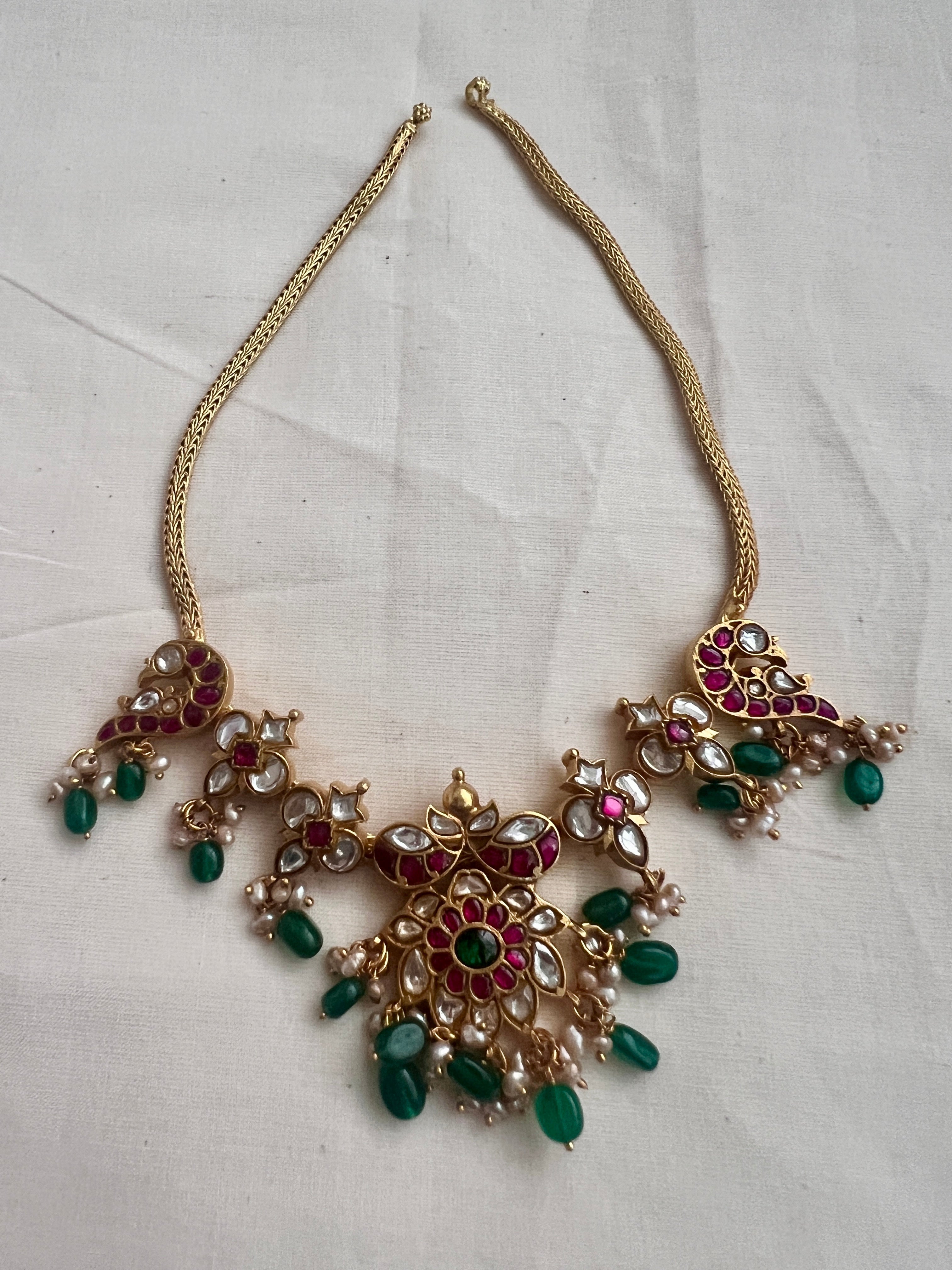 Gold polish kundan, ruby & emerald necklace with green onyx beads-Silver Neckpiece-CI-House of Taamara