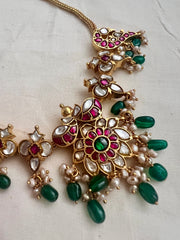 Gold polish kundan, ruby & emerald necklace with green onyx beads-Silver Neckpiece-CI-House of Taamara