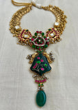 Gold polish kundan, ruby & emerald necklace with inlay work pendant and pearls-Silver Neckpiece-CI-House of Taamara