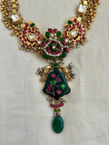 Gold polish kundan, ruby & emerald necklace with inlay work pendant and pearls-Silver Neckpiece-CI-House of Taamara