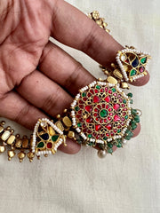 Gold polish kundan, ruby & emerald necklace with pearls-Silver Neckpiece-CI-House of Taamara