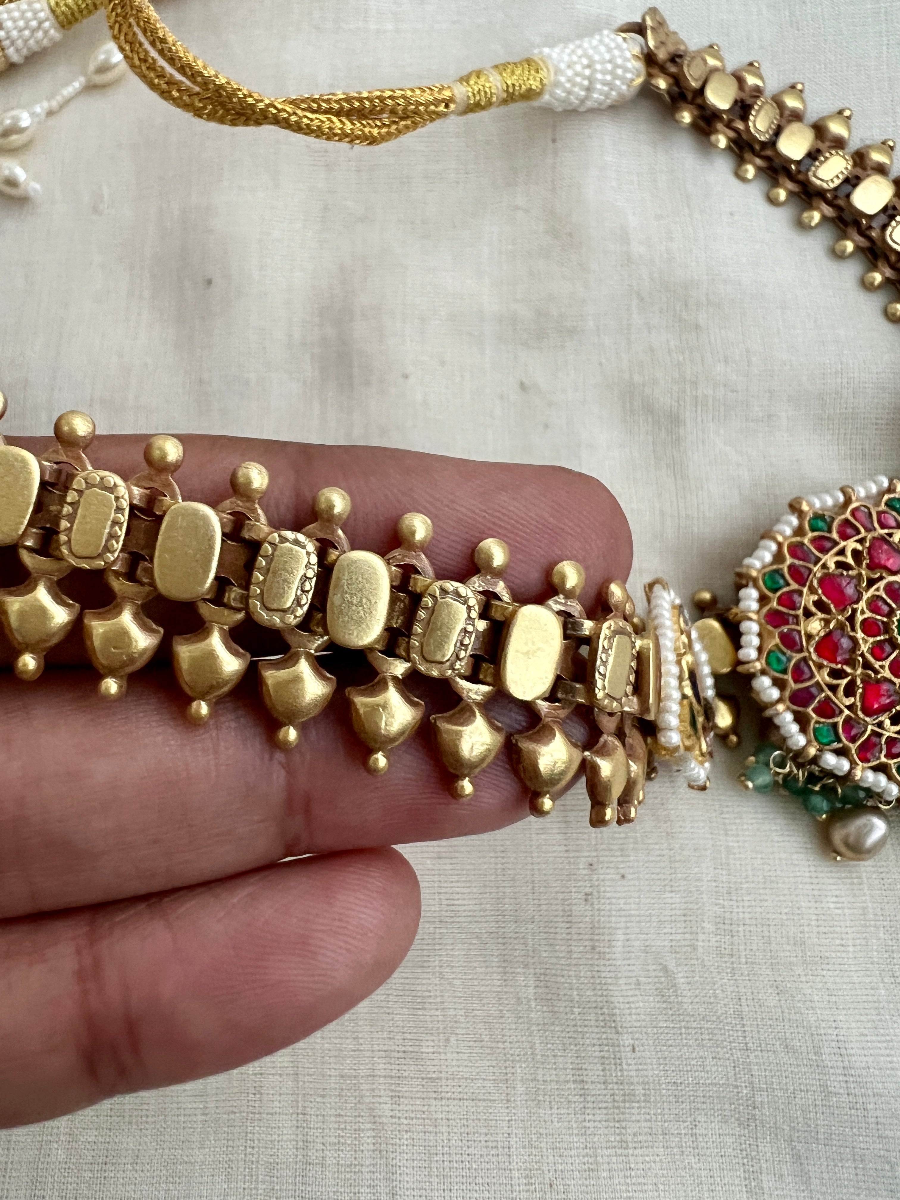 Gold polish kundan, ruby & emerald necklace with pearls-Silver Neckpiece-CI-House of Taamara