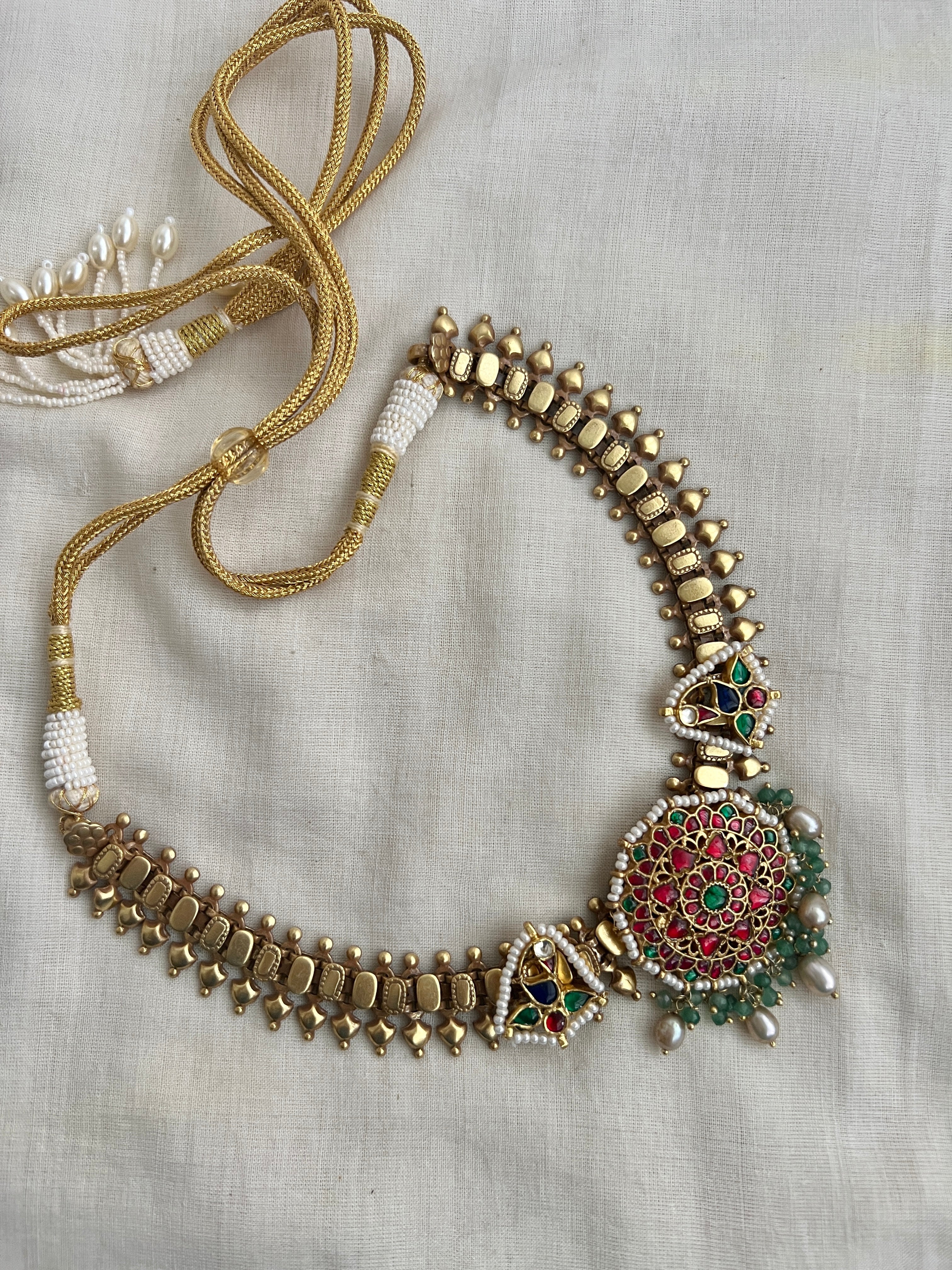 Gold polish kundan, ruby & emerald necklace with pearls-Silver Neckpiece-CI-House of Taamara