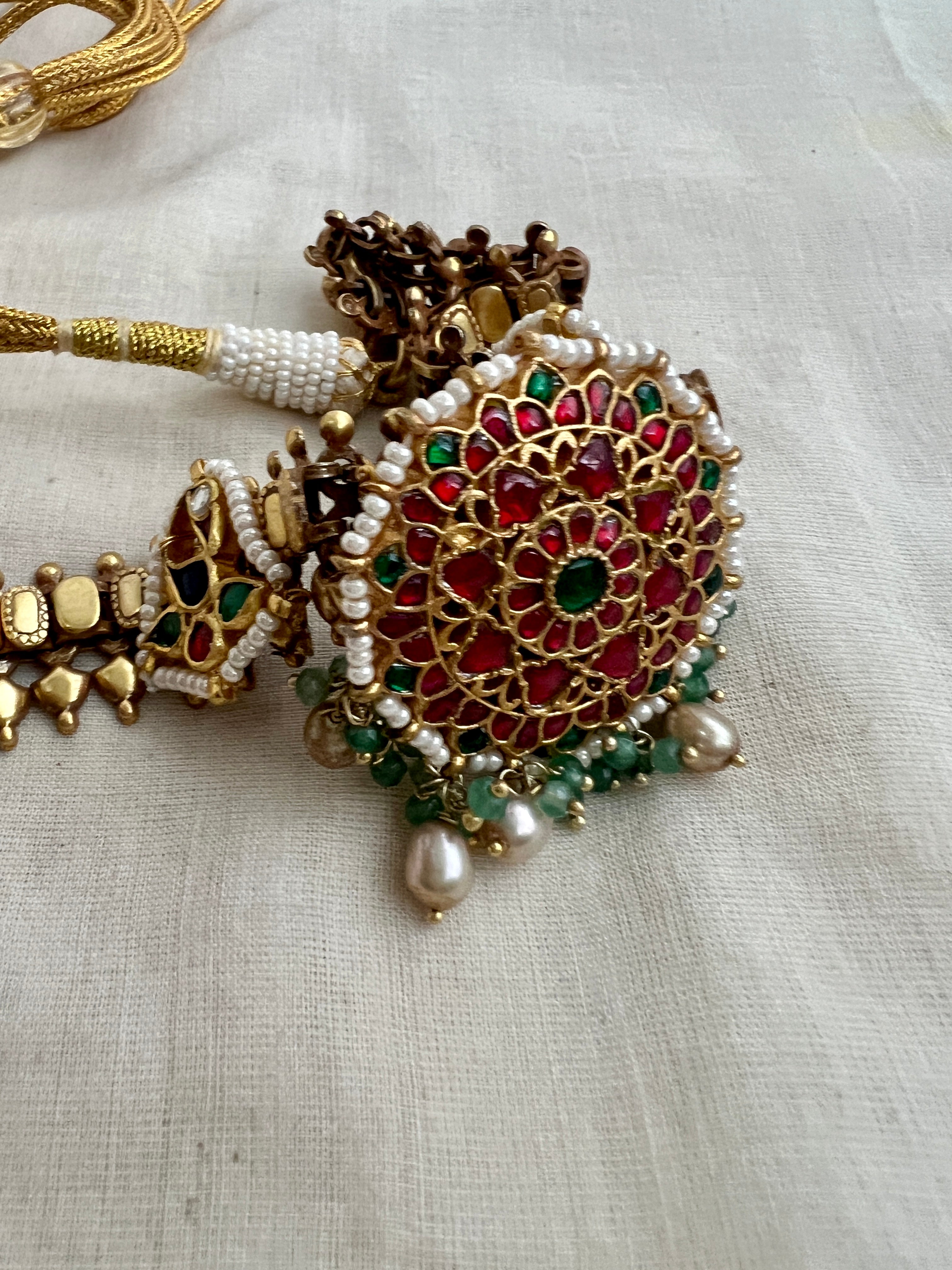 Gold polish kundan, ruby & emerald necklace with pearls-Silver Neckpiece-CI-House of Taamara