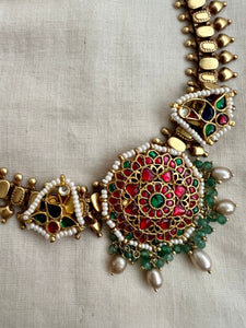 Gold polish kundan, ruby & emerald necklace with pearls-Silver Neckpiece-CI-House of Taamara