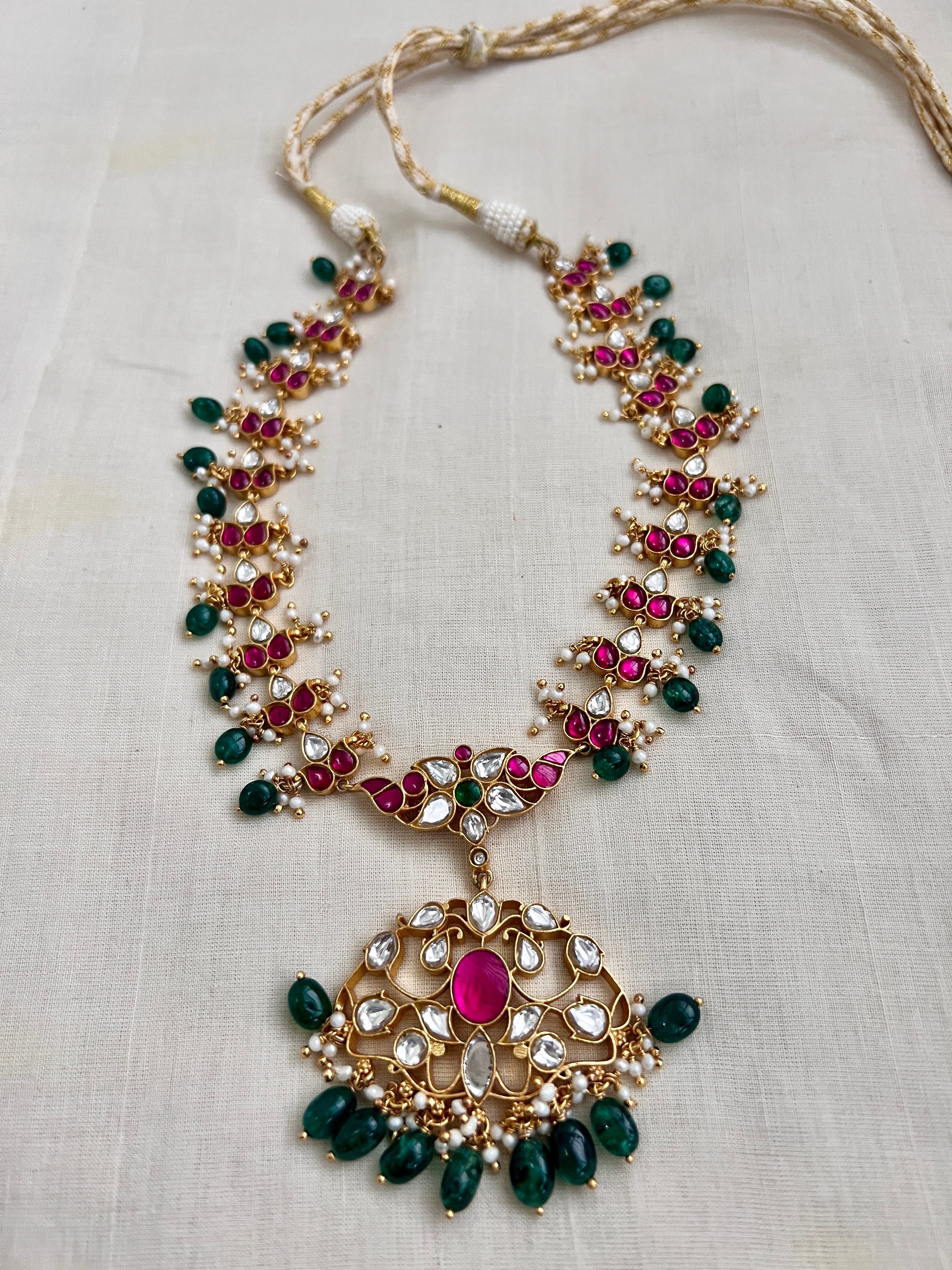 Gold polish kundan, ruby & emerald necklace with pearls and green onyx beads-Silver Neckpiece-CI-House of Taamara