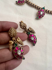 Gold polish kundan, ruby & emerald paisley necklace with earrings, SET-Silver Neckpiece-CI-House of Taamara