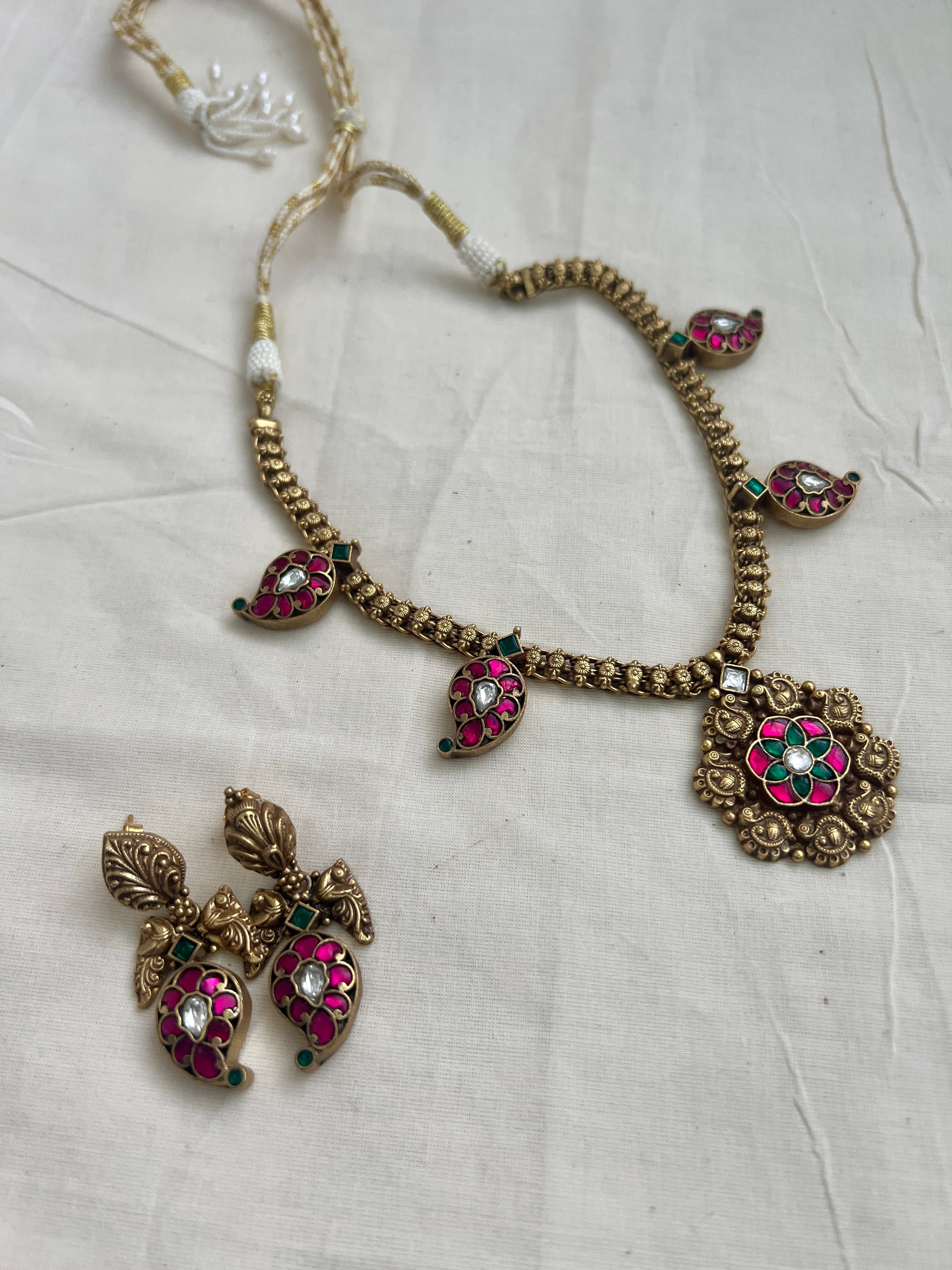 Gold polish kundan, ruby & emerald paisley necklace with earrings, SET-Silver Neckpiece-CI-House of Taamara