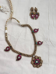 Gold polish kundan, ruby & emerald paisley necklace with earrings, SET-Silver Neckpiece-CI-House of Taamara