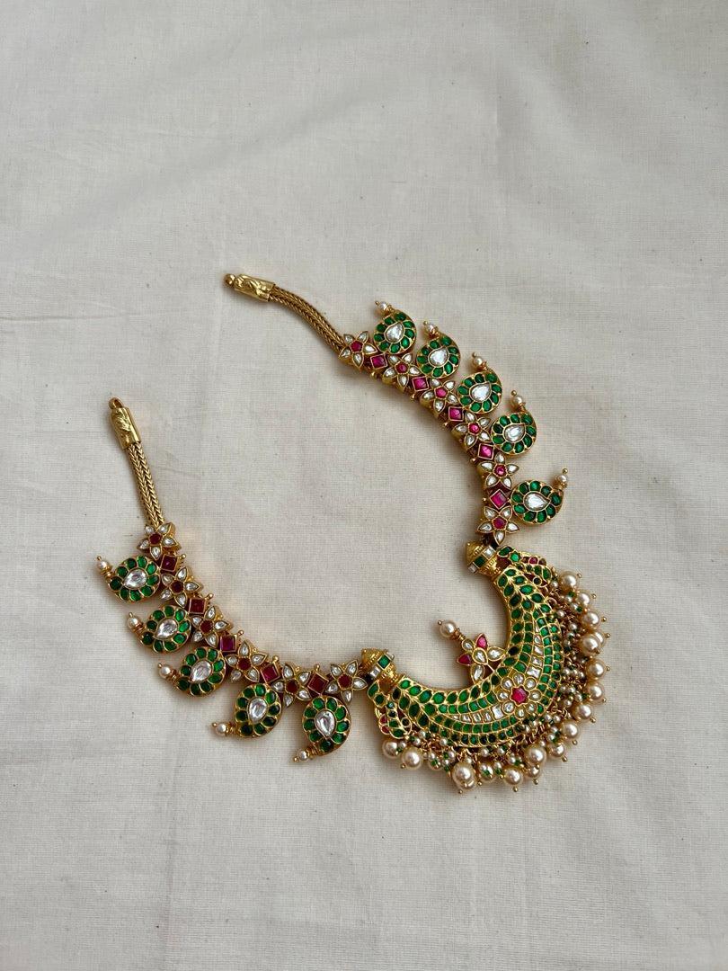 Gold polish kundan, ruby & emerald paisley necklace with pearls-Silver Neckpiece-CI-House of Taamara