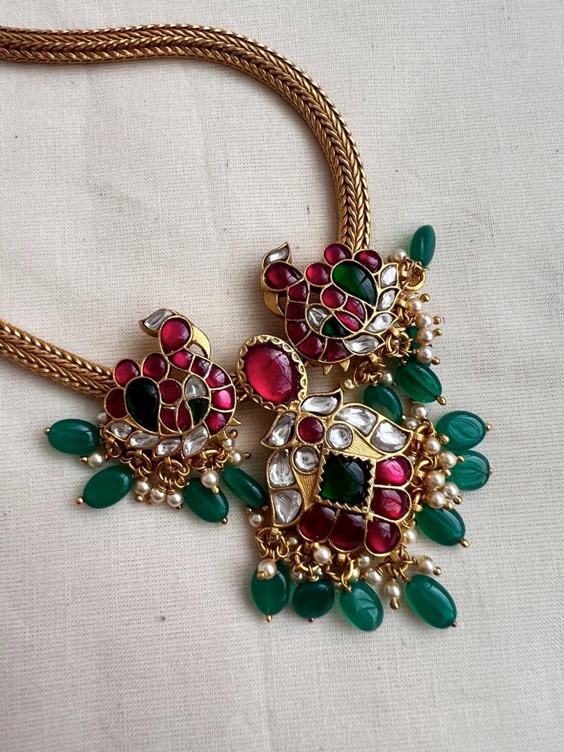 Gold polish kundan, ruby & emerald peacock chain with pearls & green onyx beads-Silver Neckpiece-CI-House of Taamara