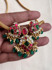 Gold polish kundan, ruby & emerald peacock chain with pearls & green onyx beads-Silver Neckpiece-CI-House of Taamara