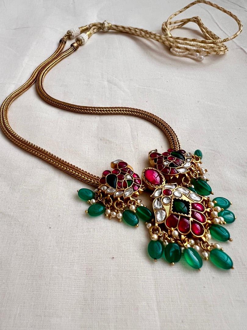 Gold polish kundan, ruby & emerald peacock chain with pearls & green onyx beads-Silver Neckpiece-CI-House of Taamara