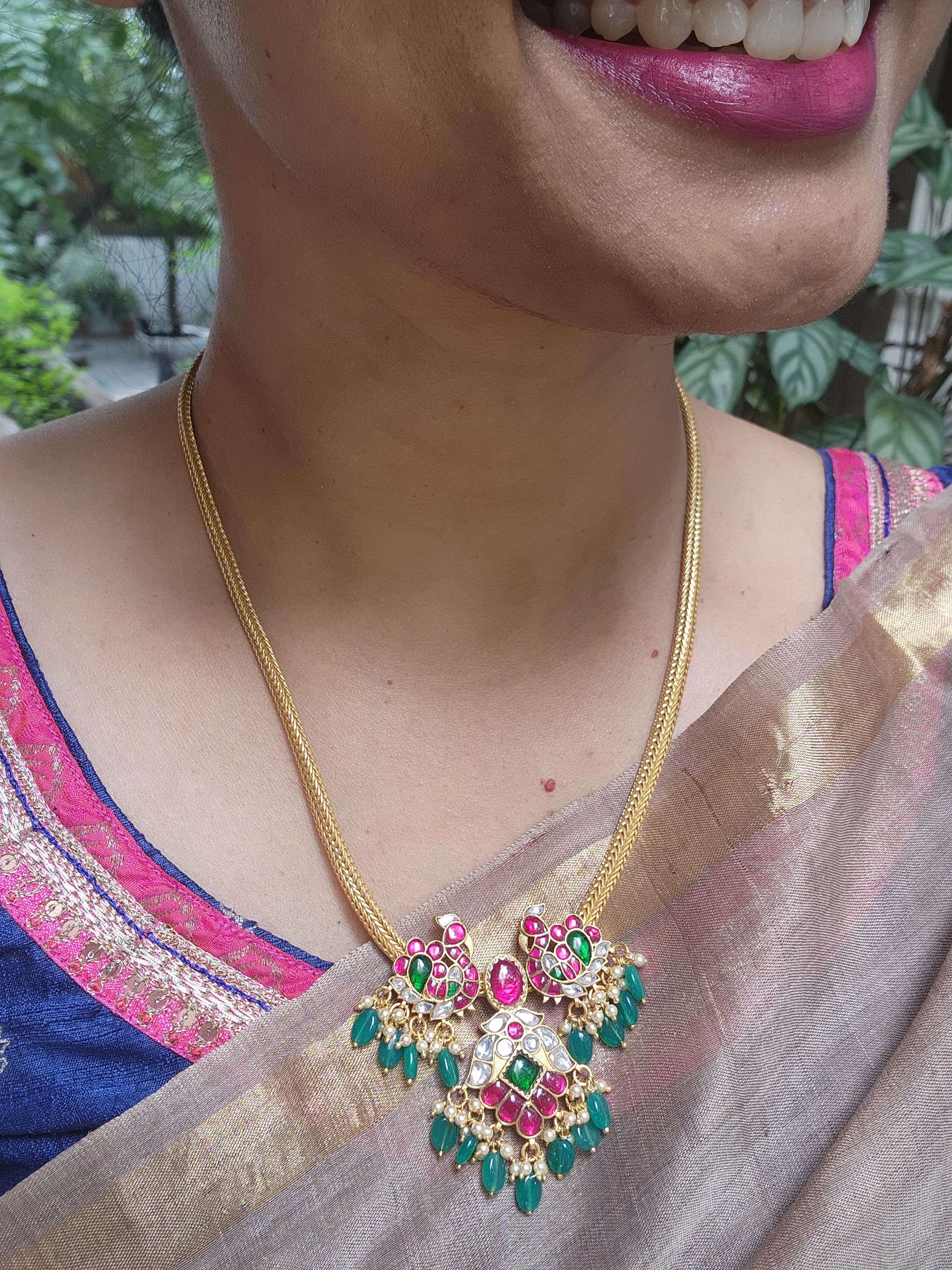 Gold polish kundan, ruby & emerald peacock chain with pearls & green onyx beads-Silver Neckpiece-CI-House of Taamara