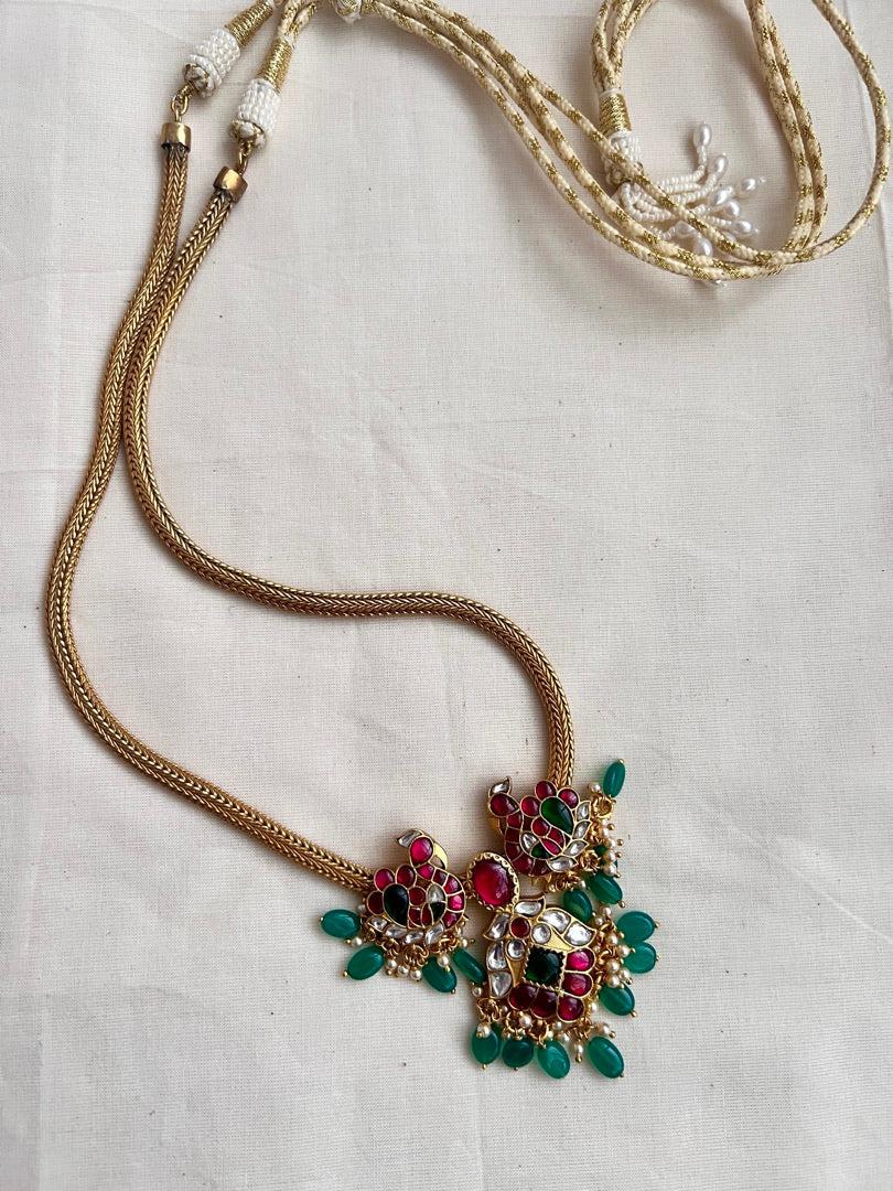 Gold polish kundan, ruby & emerald peacock chain with pearls & green onyx beads-Silver Neckpiece-CI-House of Taamara