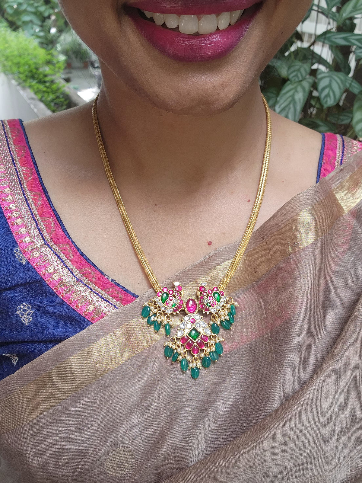 Gold polish kundan, ruby & emerald peacock chain with pearls & green onyx beads-Silver Neckpiece-CI-House of Taamara