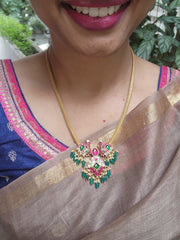 Gold polish kundan, ruby & emerald peacock chain with pearls & green onyx beads-Silver Neckpiece-CI-House of Taamara