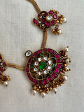 Gold polish kundan, ruby & emerald peacock choker with pearls (MADE TO ORDER)-Silver Neckpiece-CI-House of Taamara