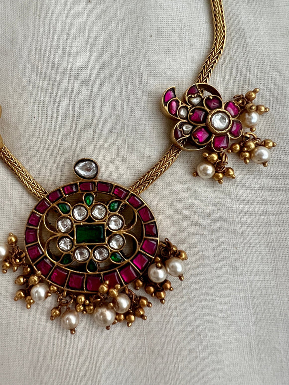 Gold polish kundan, ruby & emerald peacock choker with pearls (MADE TO ORDER)-Silver Neckpiece-CI-House of Taamara