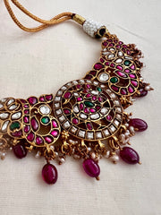 Gold polish kundan, ruby & emerald peacock choker with pearls & ruby beads-Silver Neckpiece-CI-House of Taamara