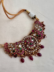 Gold polish kundan, ruby & emerald peacock choker with pearls & ruby beads-Silver Neckpiece-CI-House of Taamara