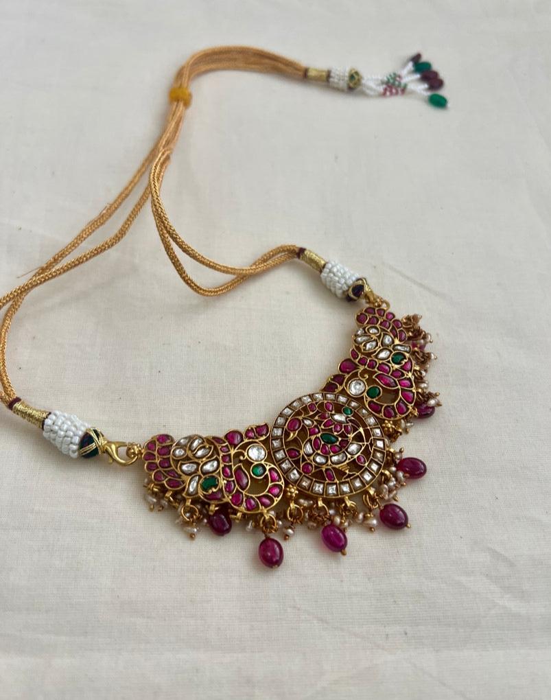 Gold polish kundan, ruby & emerald peacock choker with pearls & ruby beads-Silver Neckpiece-CI-House of Taamara