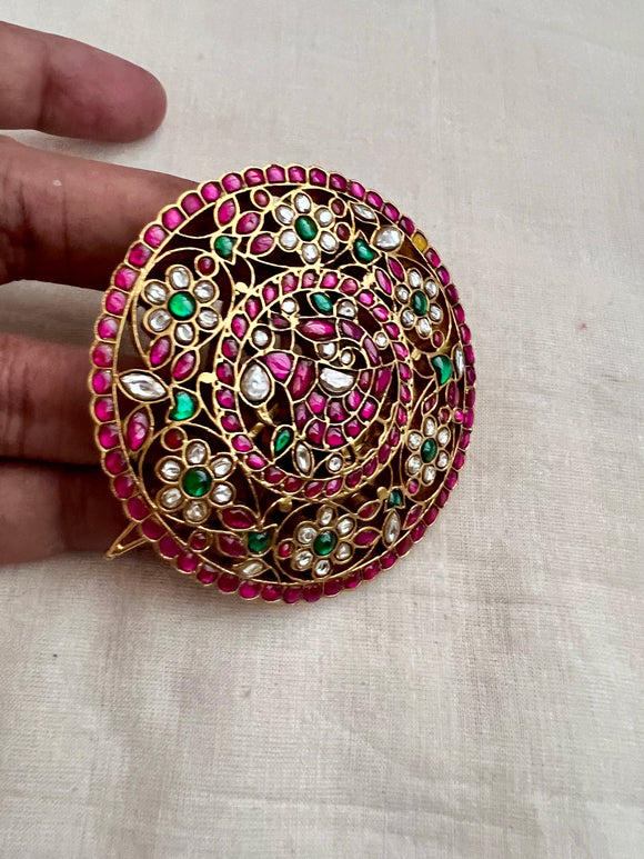 Gold polish kundan, ruby & emerald peacock hair clip/jade billa-Silver Neckpiece-CI-House of Taamara