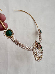 Gold polish kundan, ruby & emerald peacock hasli with antique style kc pearls-Silver Neckpiece-CI-House of Taamara