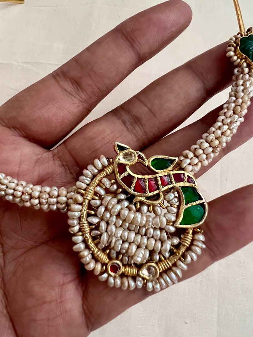 Gold polish kundan, ruby & emerald peacock hasli with antique style kc pearls-Silver Neckpiece-CI-House of Taamara