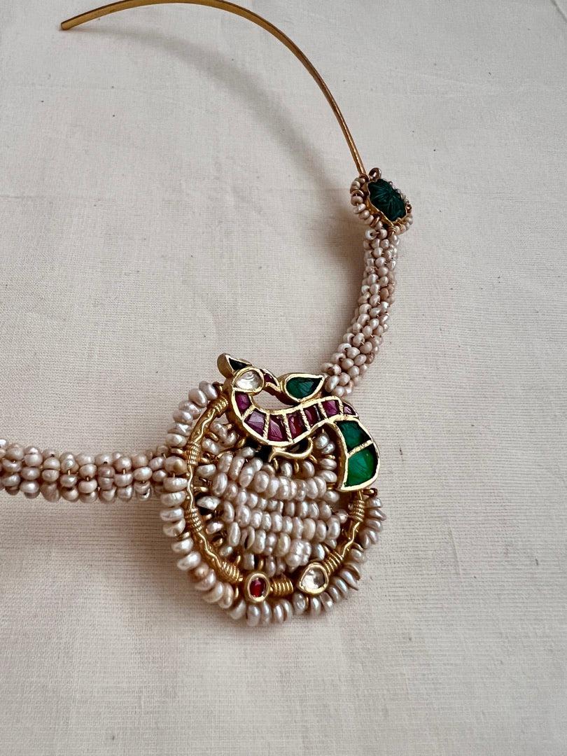 Gold polish kundan, ruby & emerald peacock hasli with antique style kc pearls-Silver Neckpiece-CI-House of Taamara