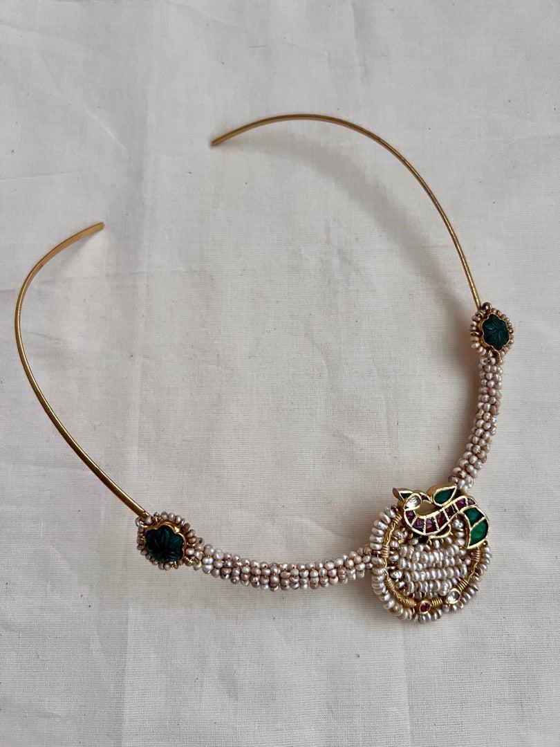 Gold polish kundan, ruby & emerald peacock hasli with antique style kc pearls-Silver Neckpiece-CI-House of Taamara