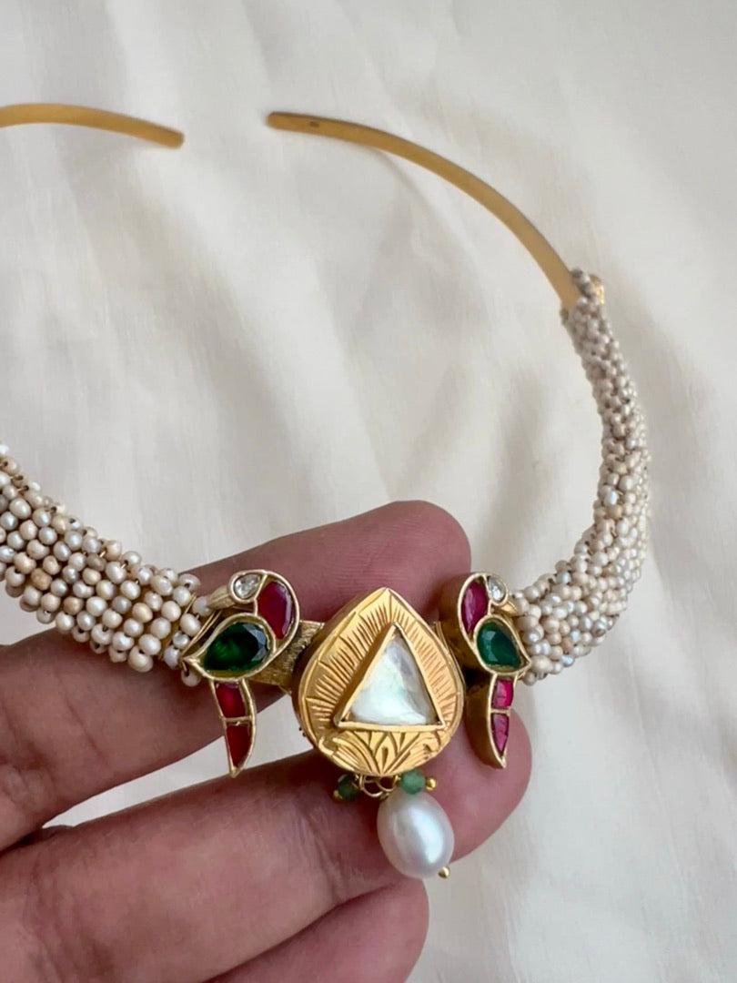 Gold polish kundan, ruby & emerald peacock hasli with stringed pearls-Silver Neckpiece-CI-House of Taamara