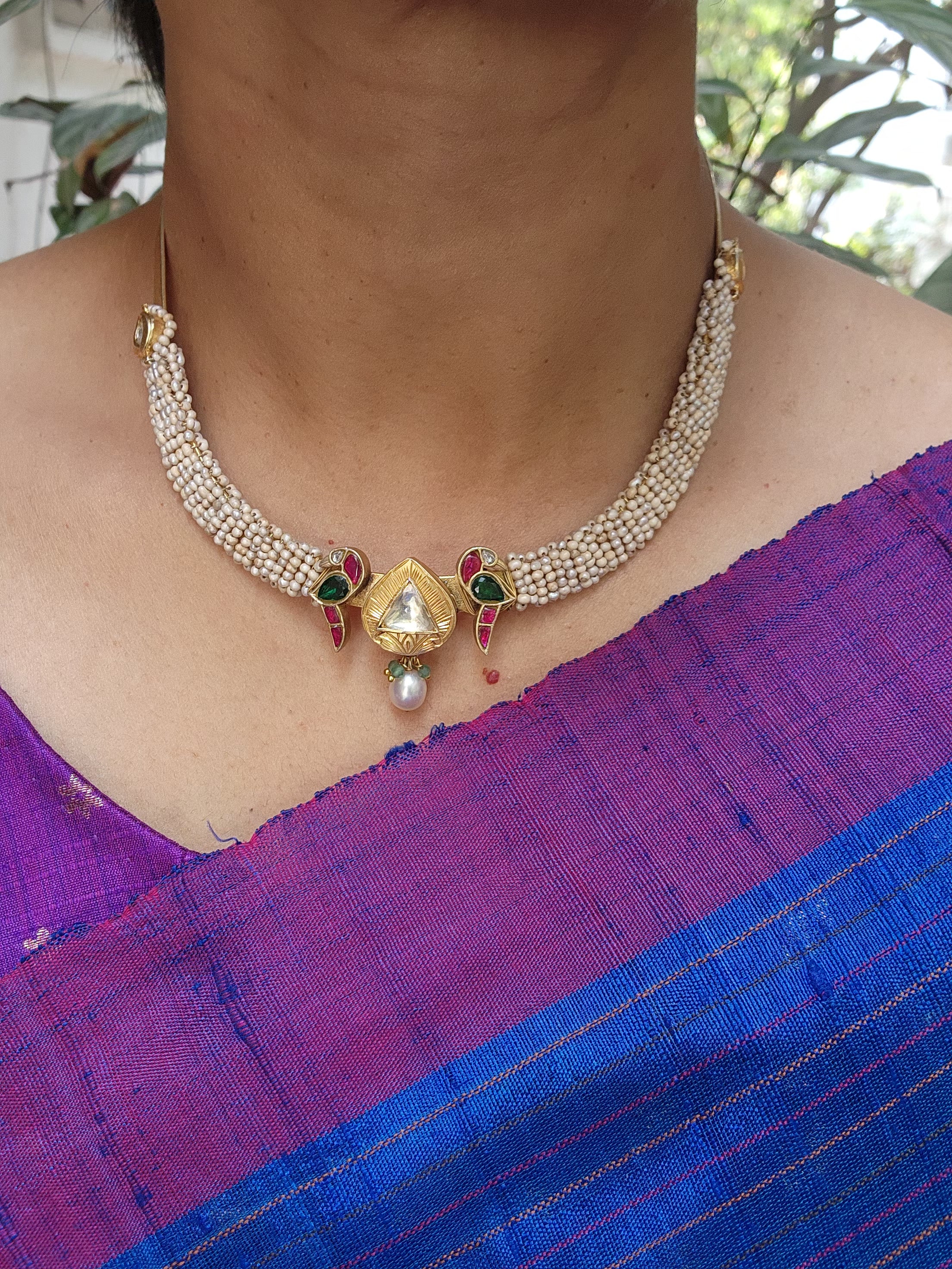 Gold polish kundan, ruby & emerald peacock hasli with stringed pearls-Silver Neckpiece-CI-House of Taamara