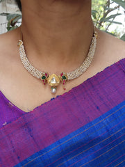 Gold polish kundan, ruby & emerald peacock hasli with stringed pearls-Silver Neckpiece-CI-House of Taamara