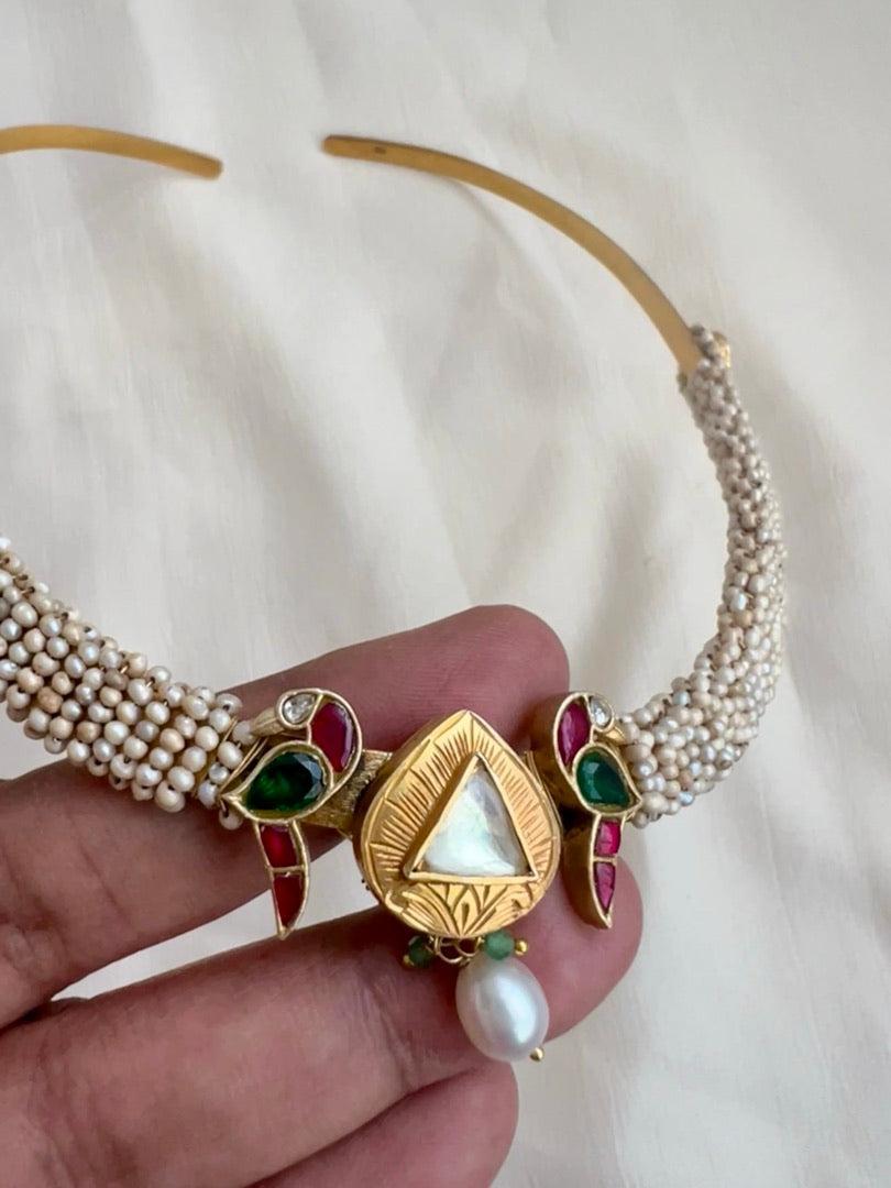 Gold polish kundan, ruby & emerald peacock hasli with stringed pearls-Silver Neckpiece-CI-House of Taamara