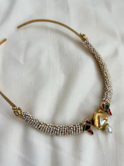 Gold polish kundan, ruby & emerald peacock hasli with stringed pearls-Silver Neckpiece-CI-House of Taamara