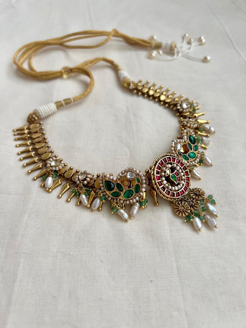 Gold polish kundan, ruby & emerald peacock necklace with pearls-Silver Neckpiece-CI-House of Taamara