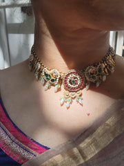 Gold polish kundan, ruby & emerald peacock necklace with pearls-Silver Neckpiece-CI-House of Taamara