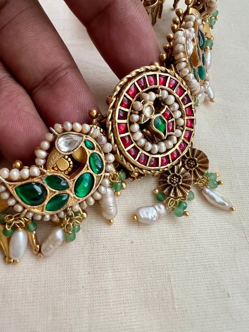 Gold polish kundan, ruby & emerald peacock necklace with pearls-Silver Neckpiece-CI-House of Taamara