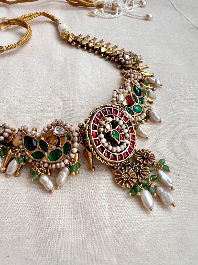 Gold polish kundan, ruby & emerald peacock necklace with pearls-Silver Neckpiece-CI-House of Taamara