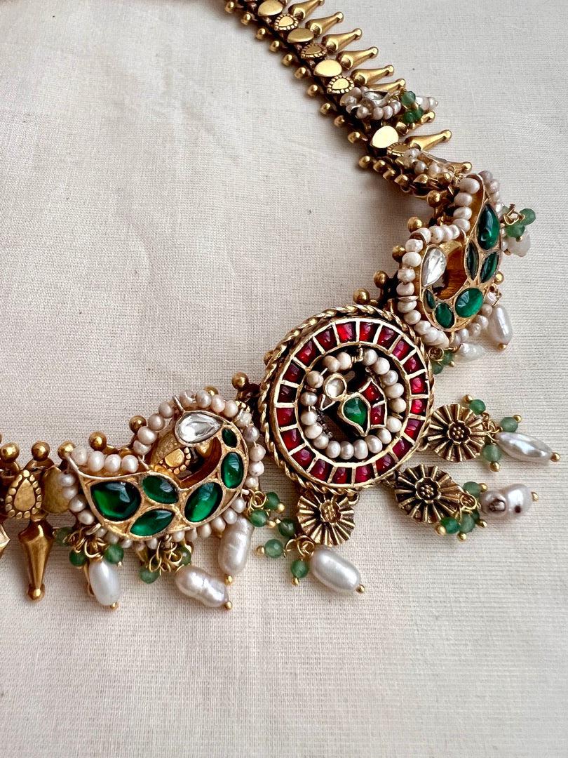 Gold polish kundan, ruby & emerald peacock necklace with pearls-Silver Neckpiece-CI-House of Taamara