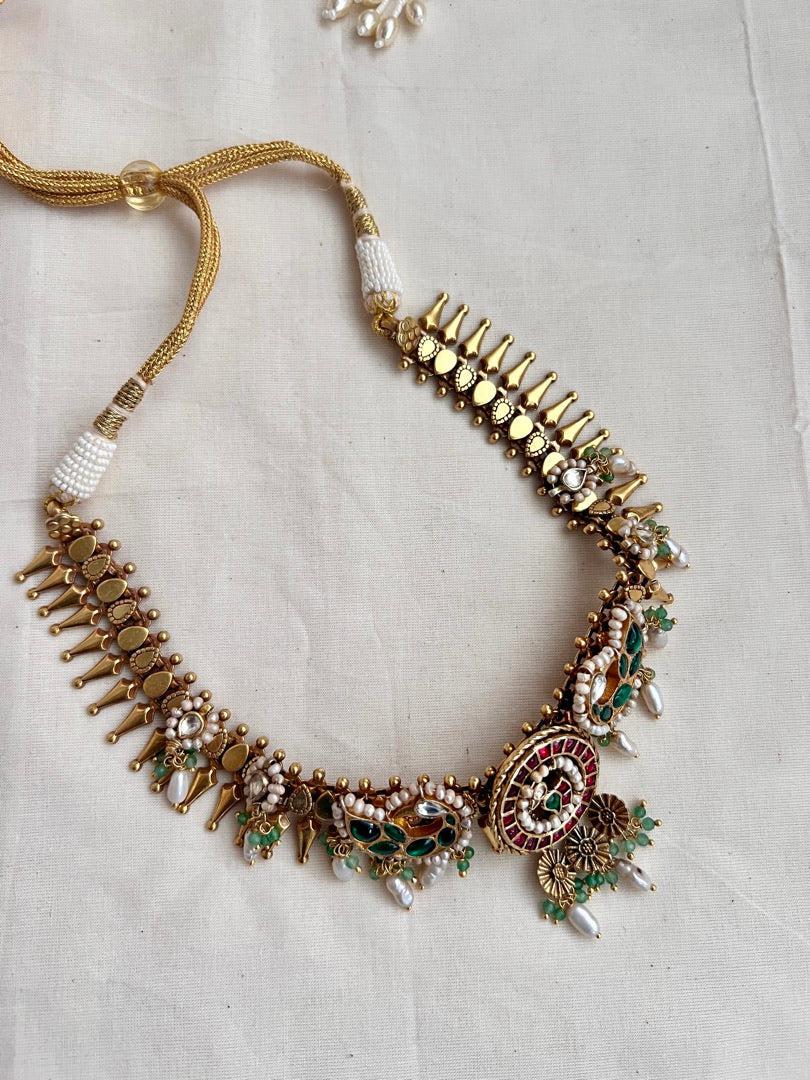 Gold polish kundan, ruby & emerald peacock necklace with pearls-Silver Neckpiece-CI-House of Taamara