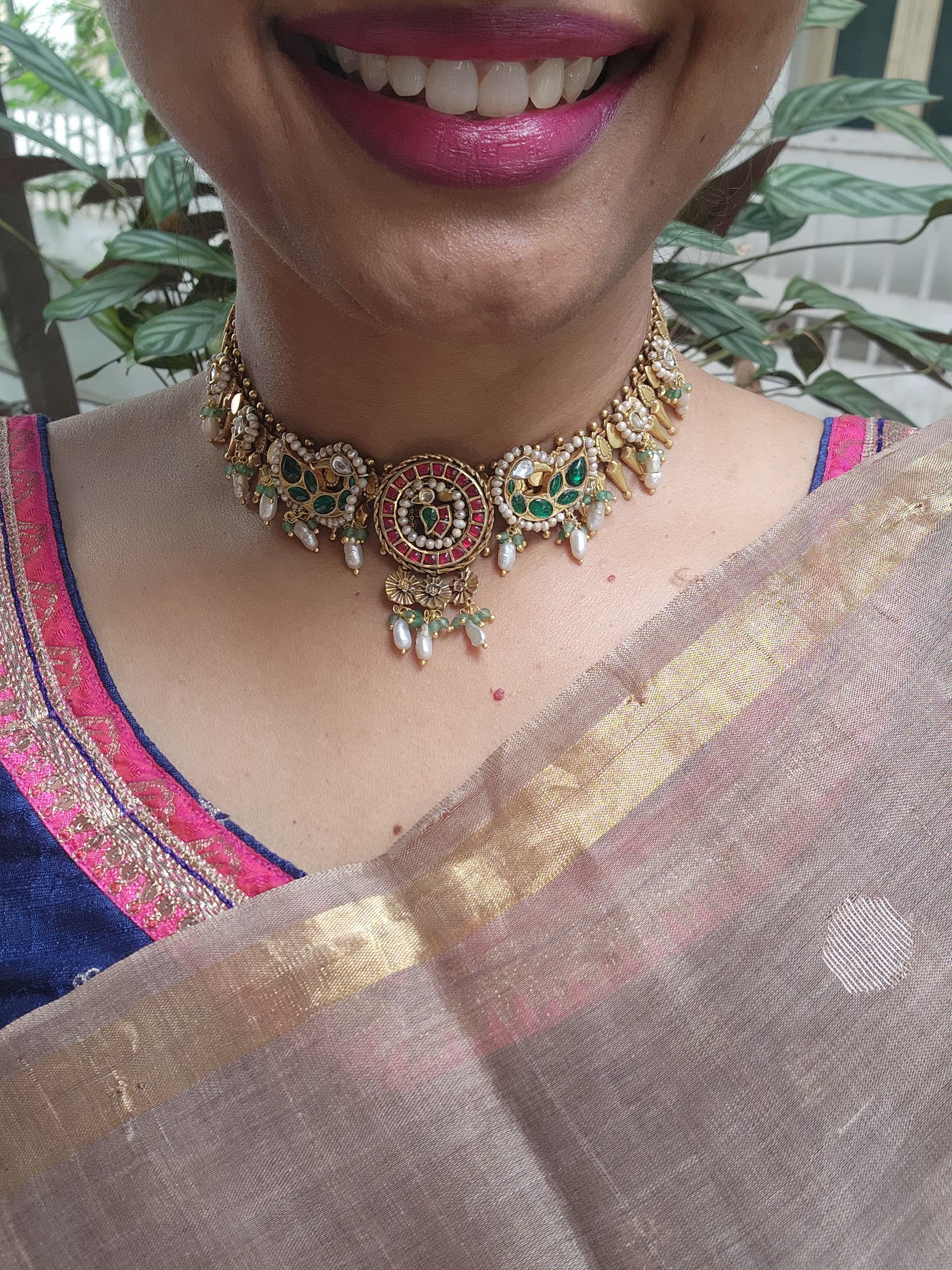 Gold polish kundan, ruby & emerald peacock necklace with pearls-Silver Neckpiece-CI-House of Taamara