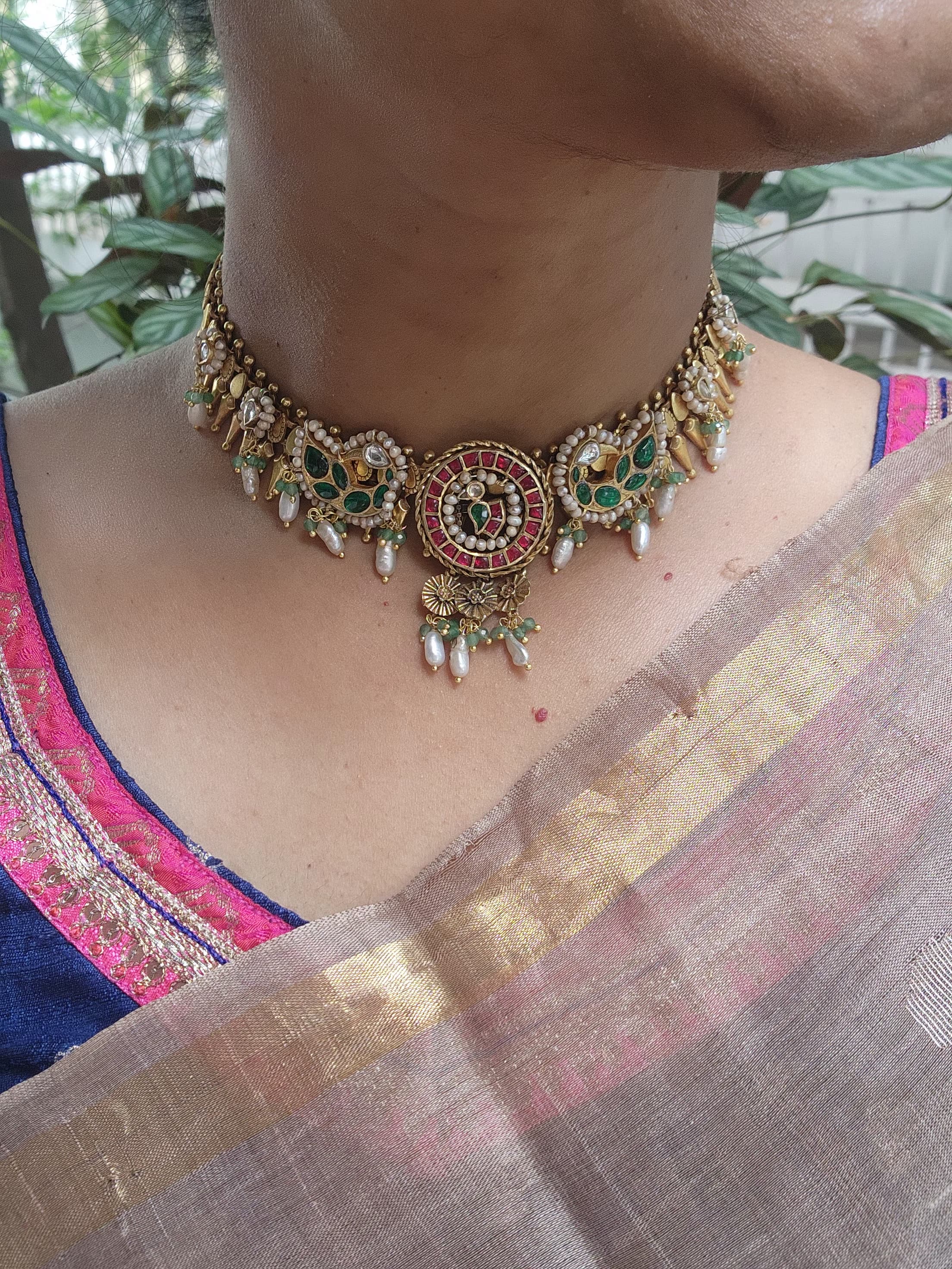 Gold polish kundan, ruby & emerald peacock necklace with pearls-Silver Neckpiece-CI-House of Taamara