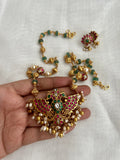 Gold polish kundan, ruby & emerald peacock pendant, beaded chain set (MADE TO ORDER)-Silver Neckpiece-CI-House of Taamara