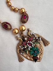 Gold polish kundan, ruby & emerald peacock pendant with gold beads chain-Silver Neckpiece-CI-House of Taamara